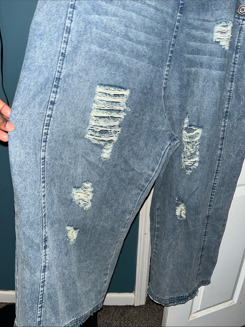 Blue Women's Distressed Denim Overalls - Picture 5 of 7